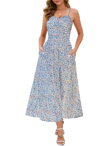 Image of Annebouti Women 2026 Summer Spring Ruched Maxi Dress Adjustable Spaghetti Strap Floral Beach Long Sundress with Pockets