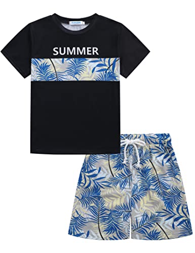Image of GERU Boy Shorts Sets Hawaiian Outfit Kid Leaves Floral Short Sleeve Shirt Top+shorts Suits