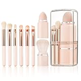 Travel Makeup Brushes Set, START MAKERS Retractable 8 in 1 Mini Powder Brush Beauty Sponge Blender, Premium Portable Foundation Blush Concealers Eyeshadow Make up Brush Set with Storage Boxes (Pink)