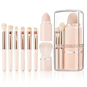 Travel Makeup Brushes Set, START MAKERS Retractable 8 in 1 Mini Powder Brush Beauty Sponge Blender, Premium Portable Foundation Blush Concealers Eyeshadow Make up Brush Set with Storage Boxes (Pink)