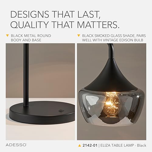 Lámpara de mesa negra Adesso con pantalla de vidrio ahumado miniatura 5