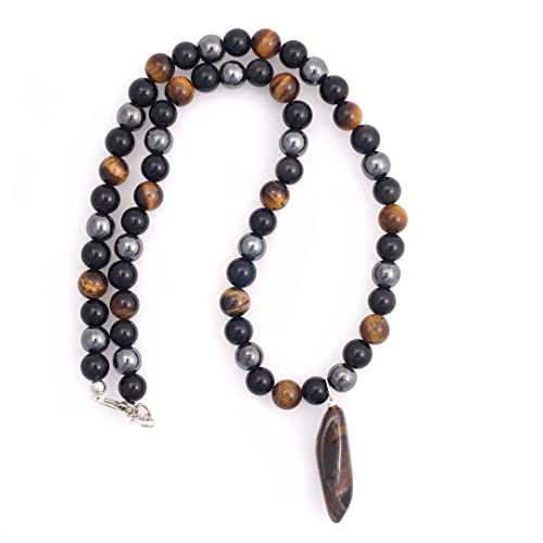 Crystal Agate Bracelets Hematite Tiger’s Eye Obsidian Triple Protection Necklace – Grounding Shield for Stress Relief & Energy Balance, Handcrafted Gemstone Pendant