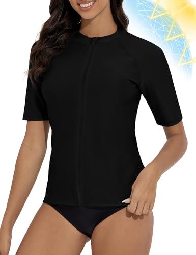 Tournesol Women's Rash Guard Short Sleeve Swim Shirt Zip Front Swim Top UV Sun Protection Swimsuit Top No Bra2