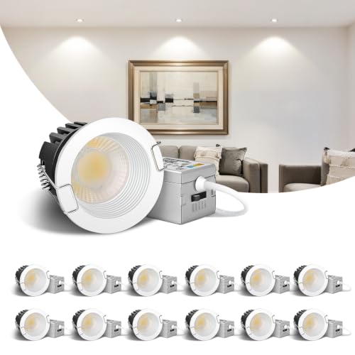 Aosclex 2 Inch 5CCT Anti-Glare LED Downlight with Jbox IP65 Waterproof 2700K-5000K Selectable 8W 840LM CRI90+ Dimmable Canless Recessed Lights ETL & FCC & Energy Star RatedWhite 12 Pack