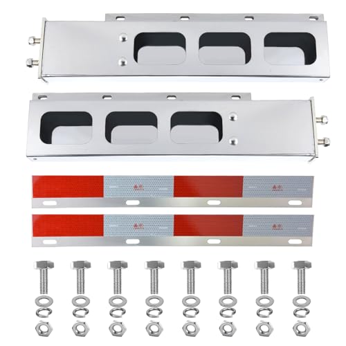 Image of Stainless Steel Mud Flap Hanger Set with Rectangle Light Cutouts 2-1 /2 inch Bolt Spacing 30 inch Length Rear Bar for Semi Trucks, 2.5 inch Bolt Spring Loaded with Aluminum Reflective Tapes