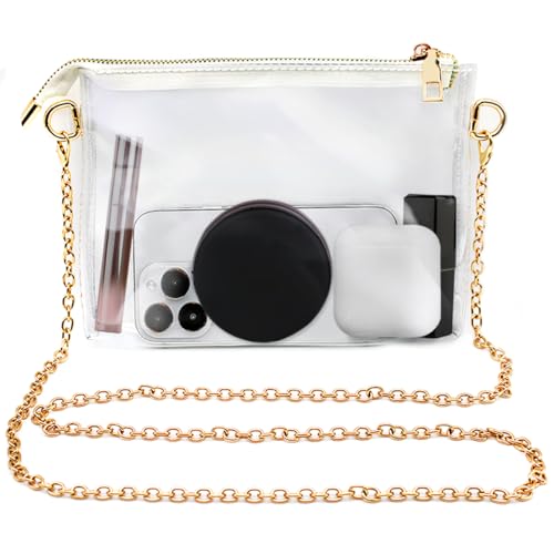 SourceTon Stadium Approved Clear Crossbody Bag for Women - Transparent Purse with Gold Chain, Waterproof Concert Bag for Sporting Events, Music Festivals (20x13x2cm, 120cm Chain)