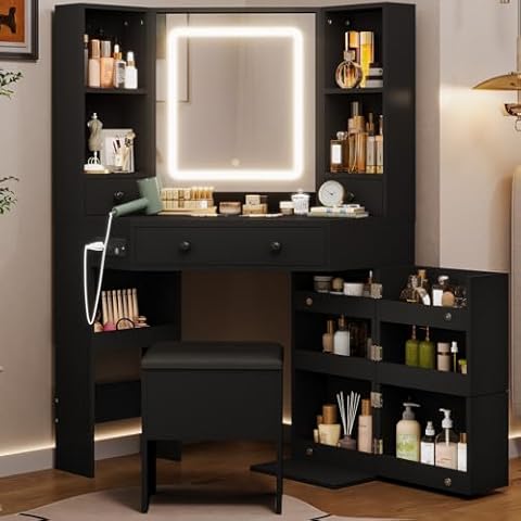 HAUOMS Vanity Desk with Mirror Lights, Storage Bench & Power Outlet, Corner Vanities with Rotating Cabinet & Drawers, 42.5" L Shaped Vanity Set, 3 Light Settings, for Women Girls, Modern Black Cover