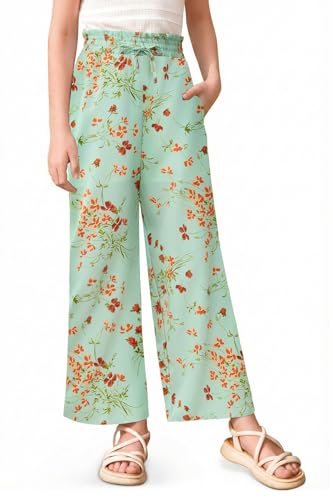 Image of Girls Summer Floral Wide Leg Pants High Waisted Flowy Dress Trousers with Pockets for School Lounge Beach 5-14 Years