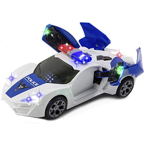 Toytykes Door Opening Police Car Toys for Boys, New Model Police Car for Toddler, 360 Degree Rotating Modern Police Cars with Light and Sound Effects, Battery Operated Police Car for Kids - White