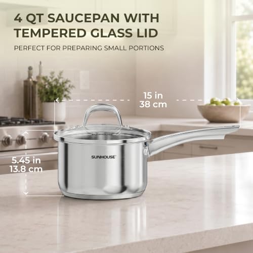 Image of SUNHOUSE 4 QT Stainless Steel Sauce Pan with Lid, Small Pot for Cooking | PFOA-Free Small Sauce Pot for Cooking & Milk Pan - Induction Compatible