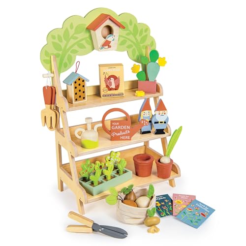 Tender Leaf Toys - Garden Centre - Wood Pretend Play Gardening Set Including Tools, Bird House, Gnomes and Accessories - Encourages Imaginative Play, Improves Language and Fine Motor Skills - Age 3+