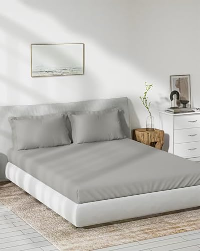Image of Trance Home Linen 300 TC Bamboo Fitted Bedsheet | Soft, Breathable & Eco-Friendly Bedsheet with 2 Pillow Cover - (75 x 72 inch, Silver Grey)