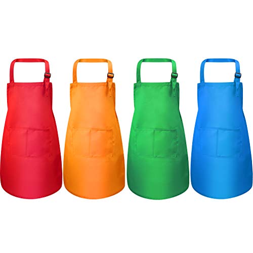 Yaomiao 4 Pieces Kids Apron with Pocket Children Adjustable Chef Apron for Cooking Baking Painting (Green, Orange, Red, Blue,S for 2-6 Age)