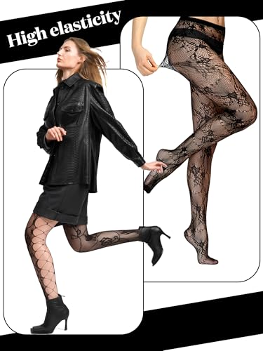 Ramede 6 Pairs Halloween Fishnet Stockings Thigh High Waist Lace Tights Patterned Fishnet Leggings Pantyhose for Women4