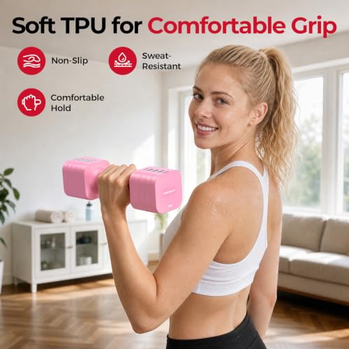 FEIERDUN 5-in-1 Adjustable Dumbbell Set of 2, 12LBS/6LBS Hand Weights for Women, 1s-Adjust Dual-Stable Dumbbell Set for Women Home Gym & Outdoor, Pink - image 6