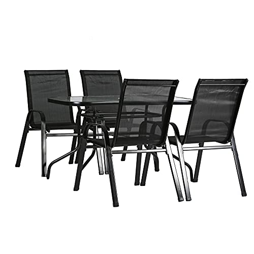 Harbour Housewares 4 Person Garden Furniture Set - Outdoor 5 Piece Patio Furniture Set Black Rectangular Glass Top Garden Table with 4 Armchairs for Patio, Gardens, Outdoors, BBQs