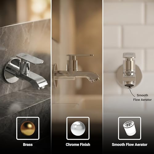 Image of GLOXY Premium Brass Bib Cocke Short Body with Chrome Finish - Short Body Wash Basin Tap Jet+ Lever with Wall Flange - Bib Cock Tap for Kitchen Sink, Bathrooms, Gardens - 10 Years Warranty