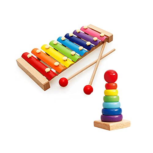 Holz Xylophon für Kinder+Regenbogenturm, Oktave Glockenspielf, Mit Zwei Schlägeln, Kleine Musiker, Baby Schlaginstrument ab 3 Jahren, des Rhythmusgefühls, Konzentration und Kreativität Trainieren Cover