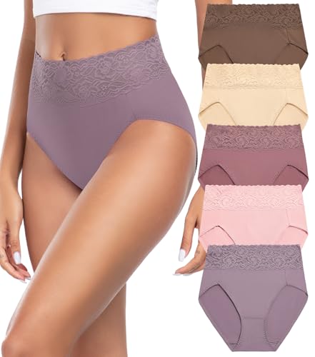 Wealurre Womens Underwear Cotton Bikini Panties for Women High Waisted Lace Hipster Stretch Briefs for Ladies 5 Pack