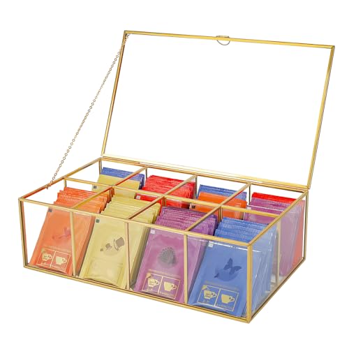 REDHUGO Glass Tea Bag Organizer, 8-Compartment Tea Storage Box, Gold