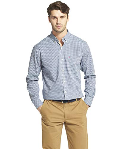 IZOD Men's Fit Button Down Long Sleeve Performance Gingham Shirt (Discontinued), Real Estate Blue, Large Slim