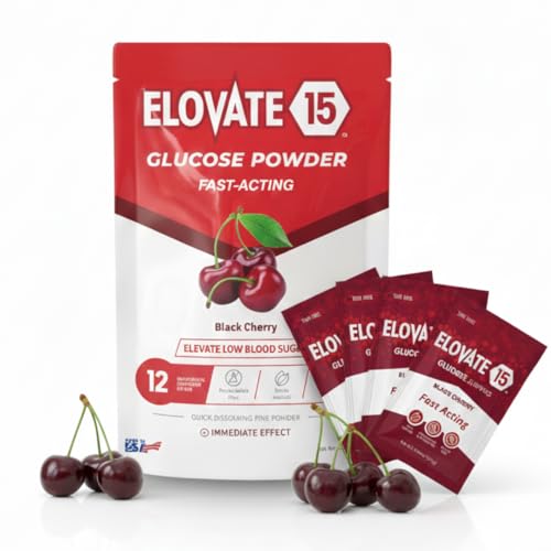 Elovate 15 Slimpaks Glucose Powder - Fast Acting Glucose Powder Packets - Alternative to Gels & Tablets- FSA/HSA Eligible - Natural Flavor Dextrose Powder Stick (Black Cherry, Pack of 12)