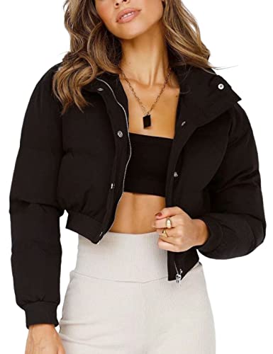 Lianlive Cropped Puffer Jacket Womens Zip Up Black Crop Puffy Winter Coats