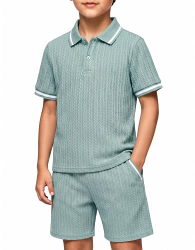 Image of Arshiner Boys 2 Piece Outfits Button Polo Shirt & Elastic Shorts 4-13 Years