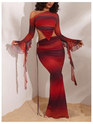 SHENHE Women's Y2k Mesh Maxi Skirt Ruched Cut Out Tie Dye Bodycon Long Fishtail Skirt4