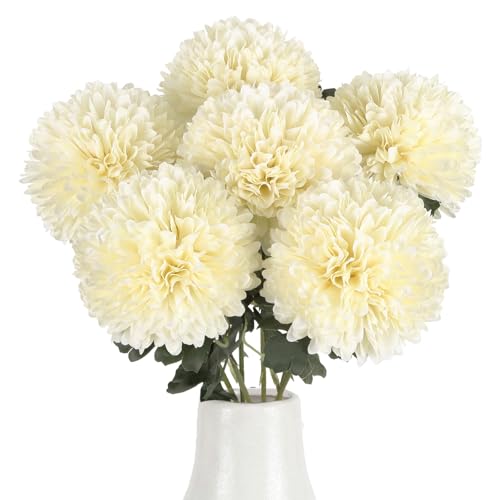 Image of 6PCS 4'' Large Ivory White Artificial Chrysanthemums Ball Flowers Bouquet