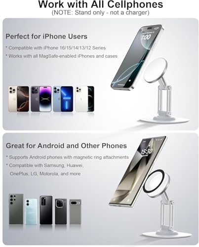 Image of RIGGEAR Premium Magnetic Phone Stand for Desk, with 360 Rotating, Non-Slip Base, Foldable Metal Stand for Mobile /iPad Compatible with MagSafe iPhones and Android Phones (NOT A Charger)- White