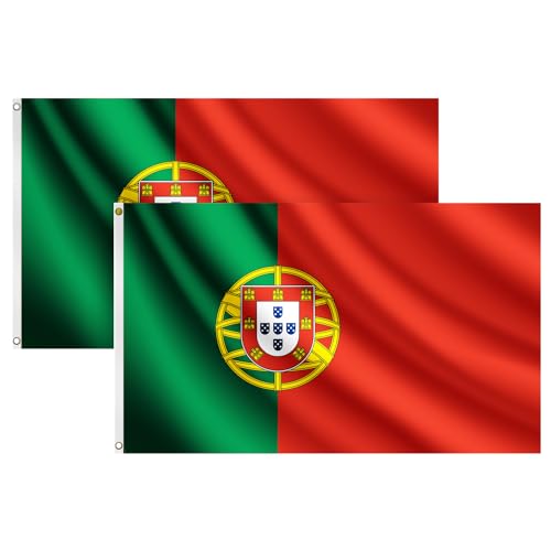 COCOSY 2 Stück Portugal Fahne - 90 x 150 cm 100% Polyester Flagge Mit Messing-Ösen - Wetterfeste & Langlebige PT Flagge für Sport & Feierlichkeiten