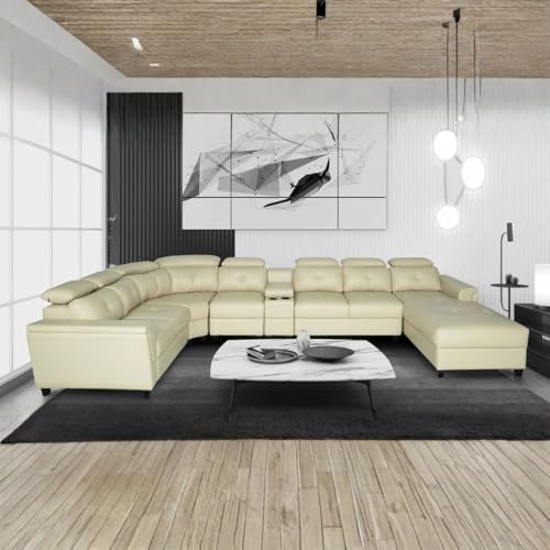 Image of Torque Arnold Fabric 8 Seater Sofa with Lounger and Cup Holder Cream | Corner Sofa Couch with Moveable Headrest | U Shape Sectional Sofa Set Living Room Office Home
