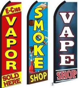 E-Cig Vapor Sold Here, Smoke Shop, Vape Shop King Swooper - Letrero de bandera de plumas - Paquete de 3 (herramientas no incluidas)