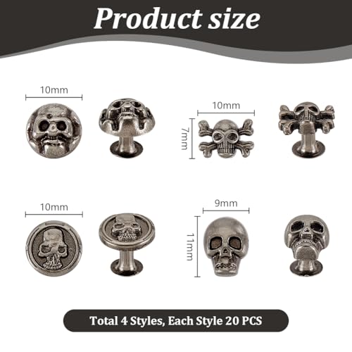 Ph Pandahall OU-FIND-PH0021-09-US2 80Pcs 4 Styles Skull Head Rivets Studs, Decorative Rivet Studs Buttons Spike Studs Skull Head Skeleton Ghost Rivet For Leather Bracelets Bags Belts Diy Craft Making thumb #1