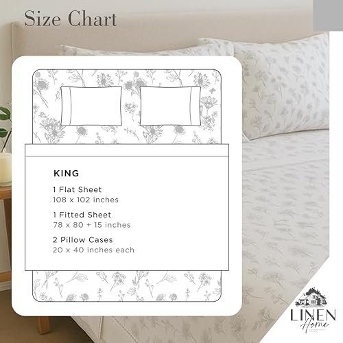 Image of Linen Home 100% Cotton Printed Percale Sheet Set King Size - 4 Piece Deep Pocket Floral Bedding, Crisp Cool & Breathable, Fade-Resistant Design, Hotel Luxury, Long-Staple Combed Cotton, Grey Botanical