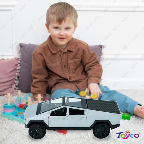 Image of toyco Cybertruck Die-Cast Mini Toy Car for Kids - 1:36 Scale Metal Model with Pull-Back Action, Lights & Sound, Openable Doors - Premium Unbreakable Small Toy Cars for Boys & Girls- Grey | Age 2+