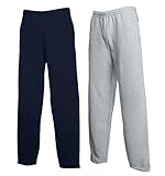 mit Kordel und Seitentaschen Fruit of the Loom Classic Open Leg Jog Pants 1x Grau + 1x Deep Navy + 1 HL Kauf Notizblock, M