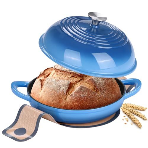Round Bread Oven for Homemade Sourdough Bread Baking, Leonyo Enameled Cast Iron Dutch Oven Pot with Dome Lid, Non Stick Silicone Baking Mat for Cooking, 6 Quart, Blue image 2