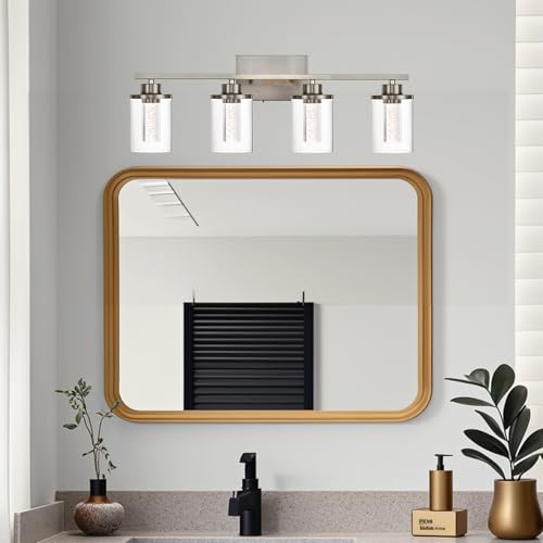 Image of 4-Light Modern Bathroom Light Fixtures Over Mirror,Brushed Nickel Led Vanity Lighting Fixtures with 5CCT Dimmable LEDs,Clear Glass Shades &Wall Sconces Lighting Design for Bedroom,Livingroom