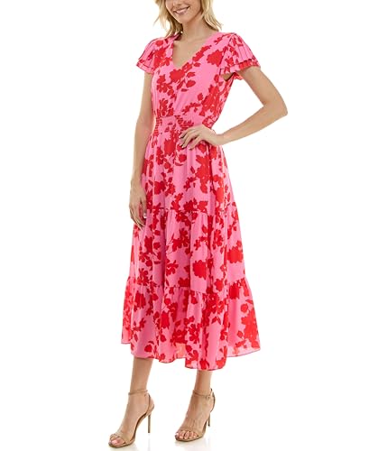 Image of Nanette Nanette Lepore Women's Tiered Pull on Fully Lined Dress with Smock Waist and Pleated Flutter Sleeve
