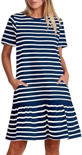MITILLY Womens Casual Summer T Shirt Dress 2026 Striped Loose Short Sleeve Tunic Dress with Pockets