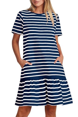 MITILLY Women's Casual Summer T Shirt Dress 2025 Striped Loose Short Sleeve Tunic Dress with Pockets