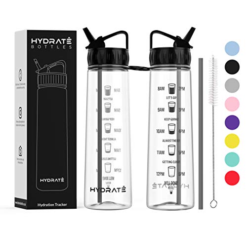Hydrate Motivational Straw Water Bottle, 900ml  With Time Markings To Help You drink More Water, Tritan, Eco Friendly & BPA-Free, For Day to Day Use Ideal For Adults, Children & Kids - Fast Water Flow, Flip Straw, Reusable & Leak-proof (Black)