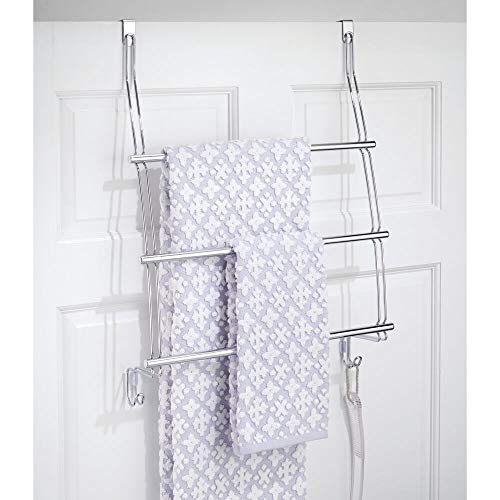 Mdesign Adjustable Metal Over Door Towel Rack Holder For Shower And Bath, 3 Tier Rod Hanger With 2 Hooks For Bathroom - Hang Towel, Blanket, Washcloths, Loofahs, Sponges On Back Of Door - Chrome #TOP1