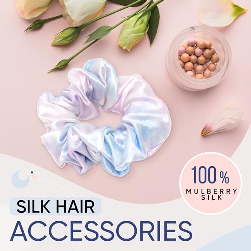 Image of Blissy Silk Scrunchies (3 Pack) - 100% Pure Mulberry Silk - 22 Momme 6A High-Grade Fibers Scrunchie for Straight & Curly Hair - Preventing Breakage, Tangling, & Creasing (Tie Dye Skinny)