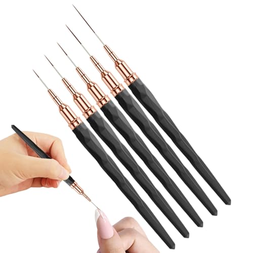 Kustimantu Pinceles para diseño de uñas, pincel para delinear uñas, 5 unidades, puntas finas, tamaños 7/9/11/15/25 mm, gel UV, herramientas de diseño de uñas para líneas largas, detalles finos, finos