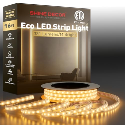 Image of Shine Decor LED Strip Light Easy Connectable, 2800K Warm White Cold Resist Weatherproof Plug-in for Indoor Outdoor, 101 LM /FT Dimmable Bright Eco Rope Lighting 16.4FT, 120V Whole Set ETL Listed