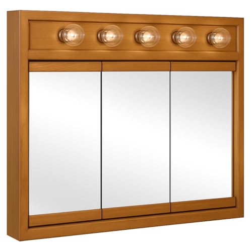 Design House Richland Medicine Cabinet with 5 Lights, Fully Assembled, Wall Mounted, 3 Mirrored Doors, Wood Frame, Oak Finish, 36 in x 5 in x 30 in, 530618-NOK