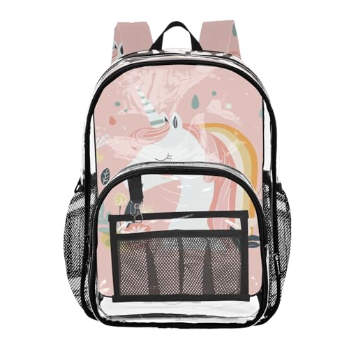 Pastel Rainbow Dreamy unicorns Backpack Clear For School Clear Book Bags With Side Pocket Transparent Seethrough Heavy Duty Back Pack
